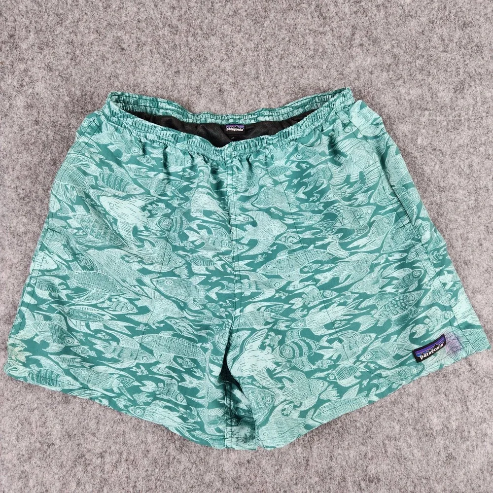 Patagonia Baggies Shorts Mens M Green Hexy Fish Print Mesh Lined Swim Trunks
